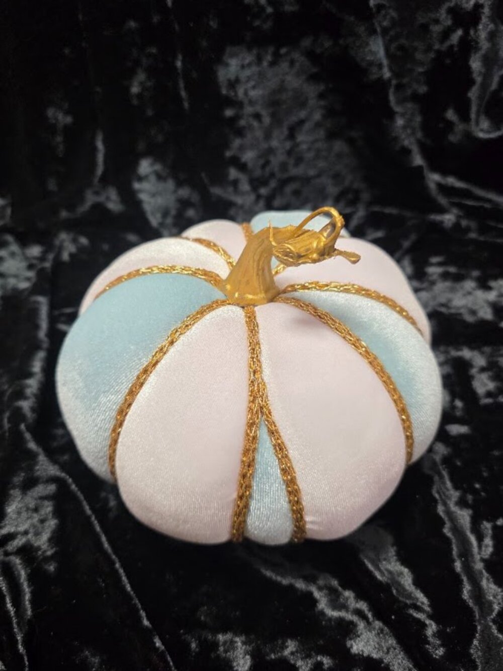 Baby Blue and White Velvet Pumpkin, Gold Cord Trim, Handcrafted